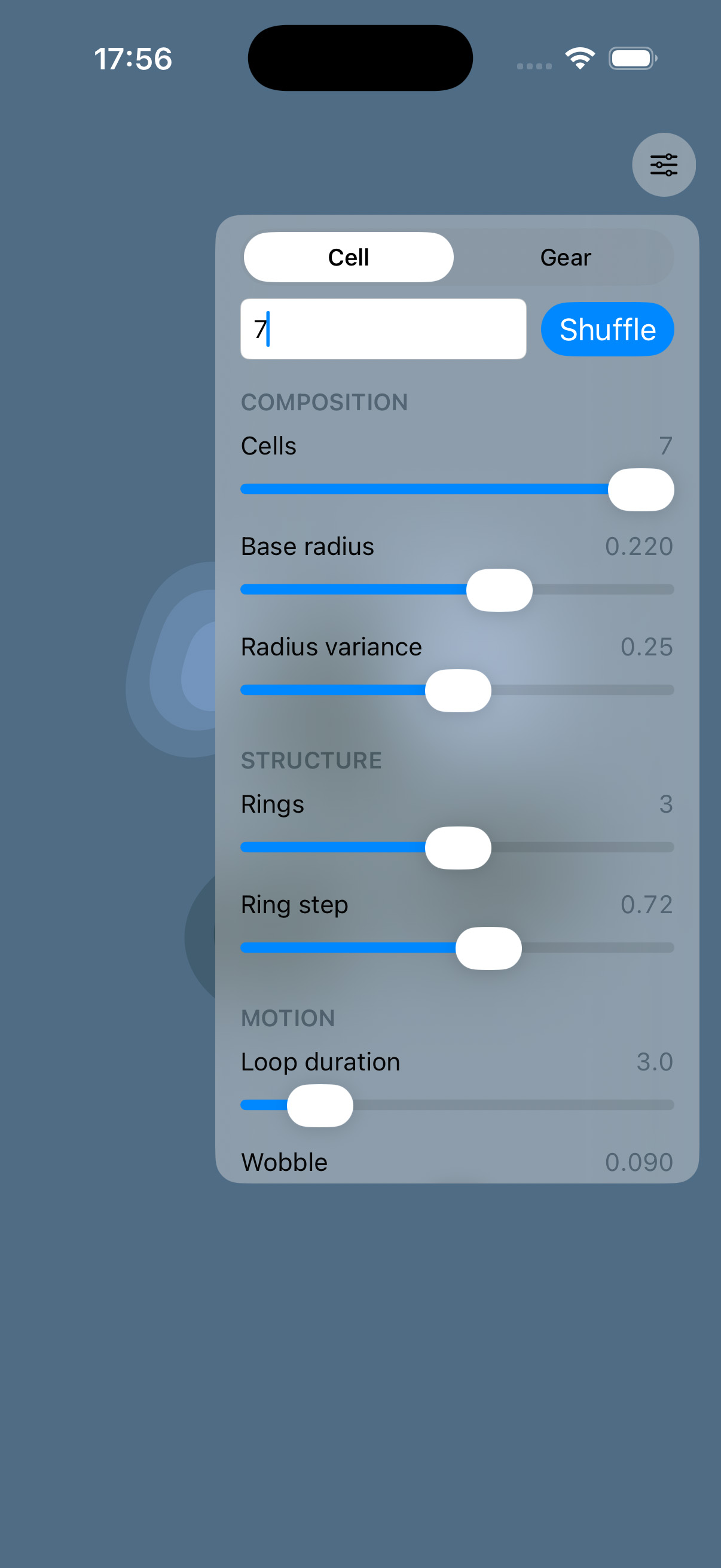 Camaïeu running behind its debug interface: a live composition above rows of parameter sliders