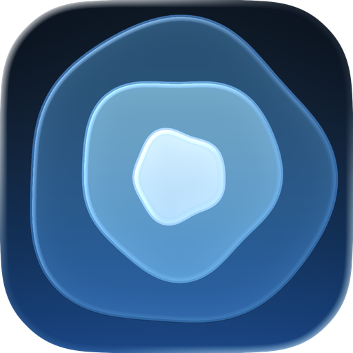 Icon candidate A: soft shapes in shades of one blue, nested inward from a dark field to a pale nucleus.