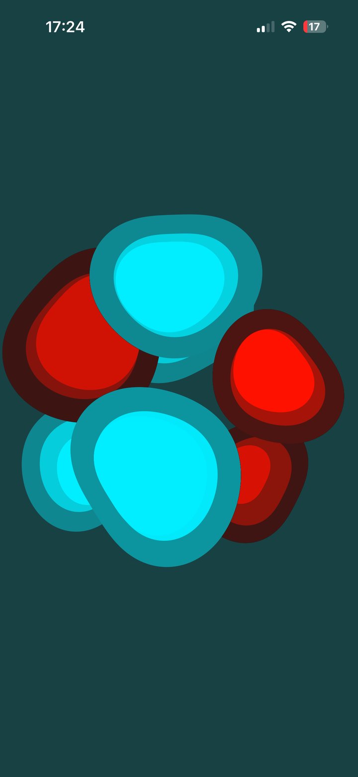 A cluster of cyan and red cells, each nested from a dark rim to a bright core, framed close on a deep teal background.