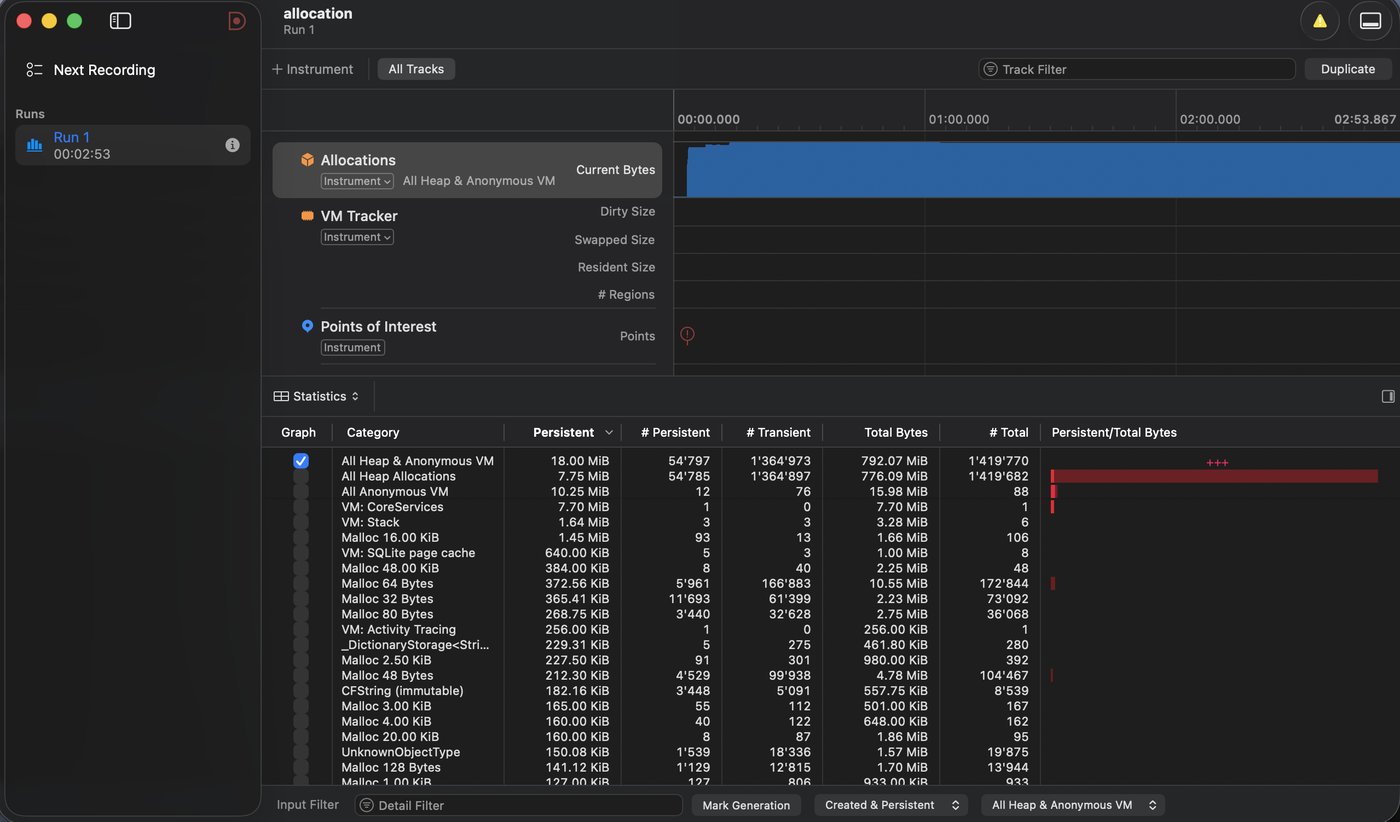 Instruments' Allocations track for Camaïeu: a flat blue band across three minutes of recording, and a statistics table showing 18 MiB persistent memory.