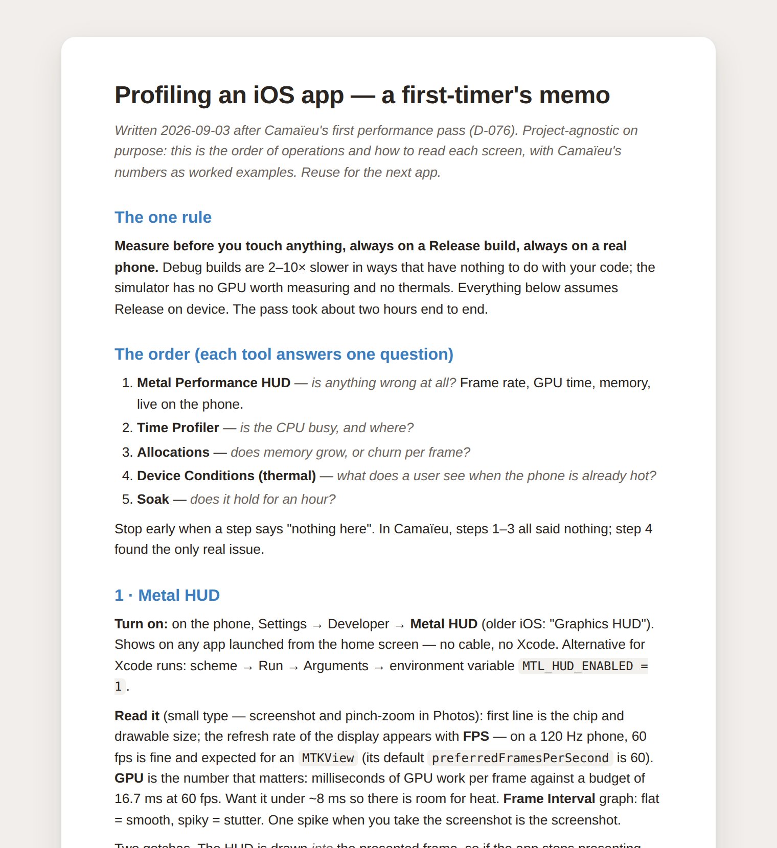 The first page of a memo titled Profiling an iOS app, a first-timer's memo. One rule: measure before you touch anything, on a Release build, on a real phone. Then the order: Metal HUD, Time Profiler, Allocations, thermal Device Conditions, soak.