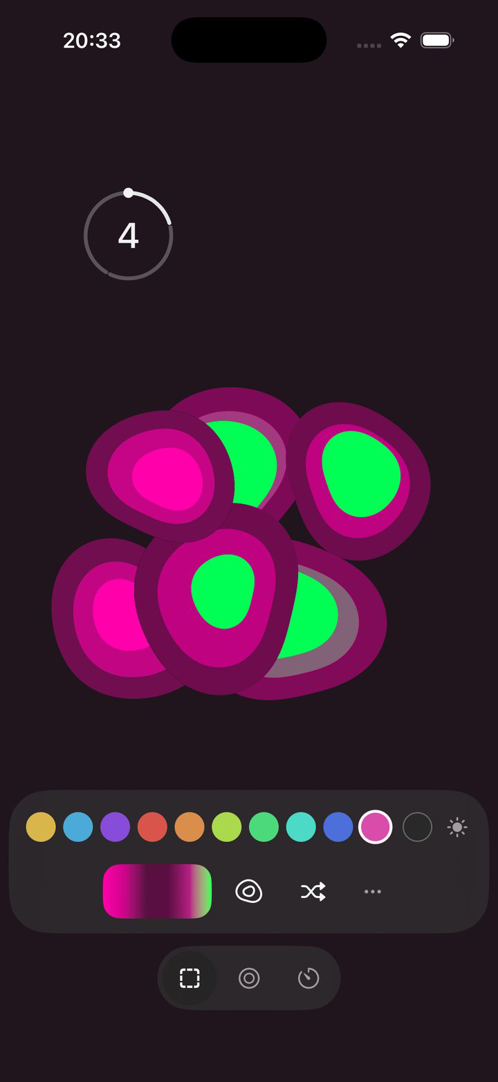 Compose mode: a cluster of magenta cells with green cores on a near-black background, a color panel at the bottom with a row of hue dots, a gradient swatch and a light-dark dot, and a three-way mode switch below it.