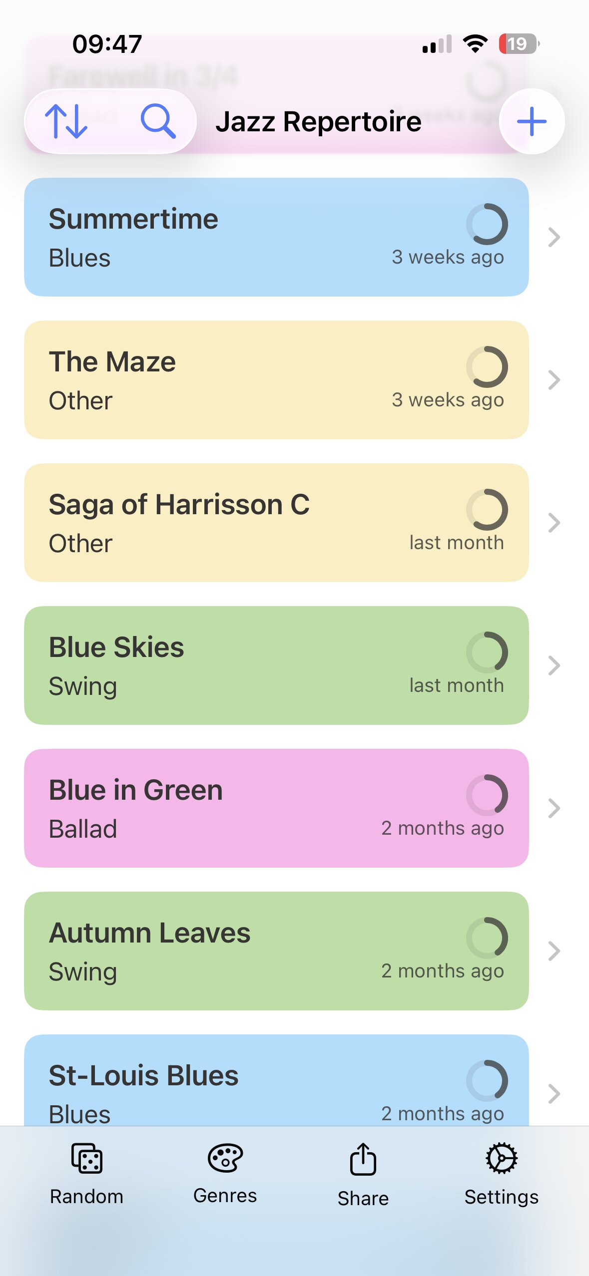 Repertoire list, color-coded by genre, with sort and search at the top