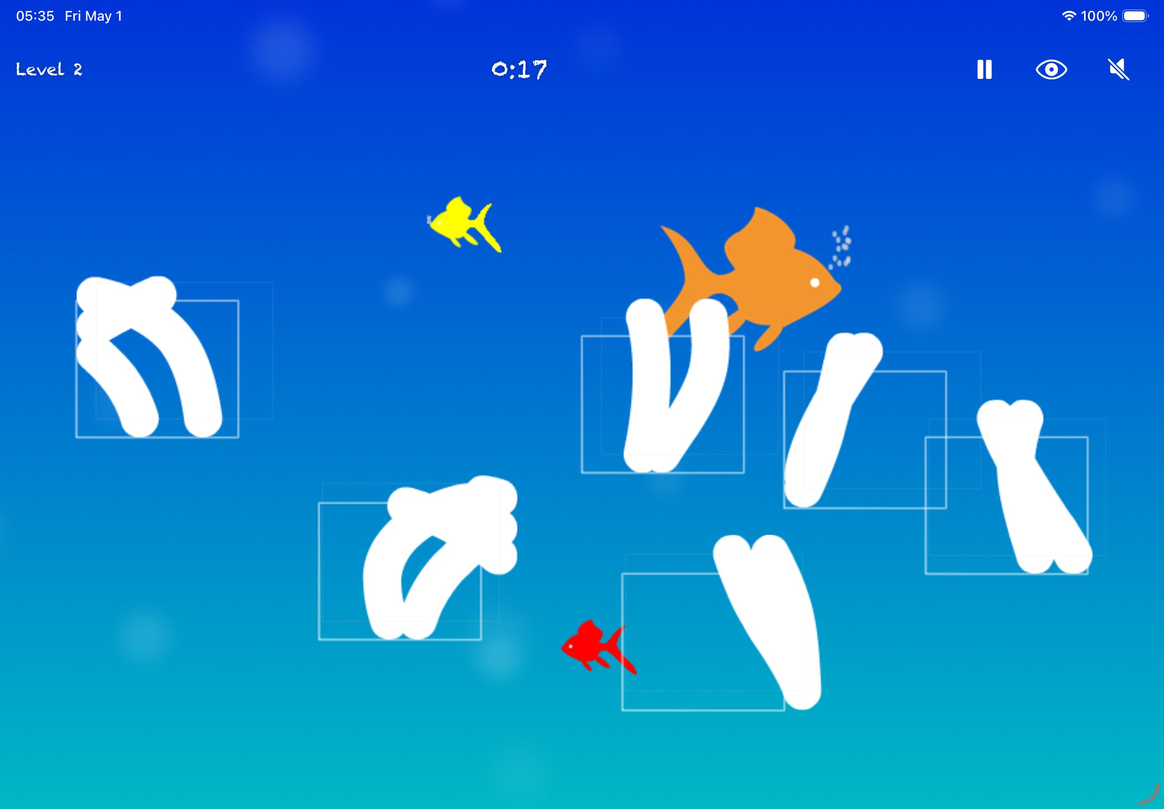 Gameplay — pieces of an animated seaweed scattered on the grid