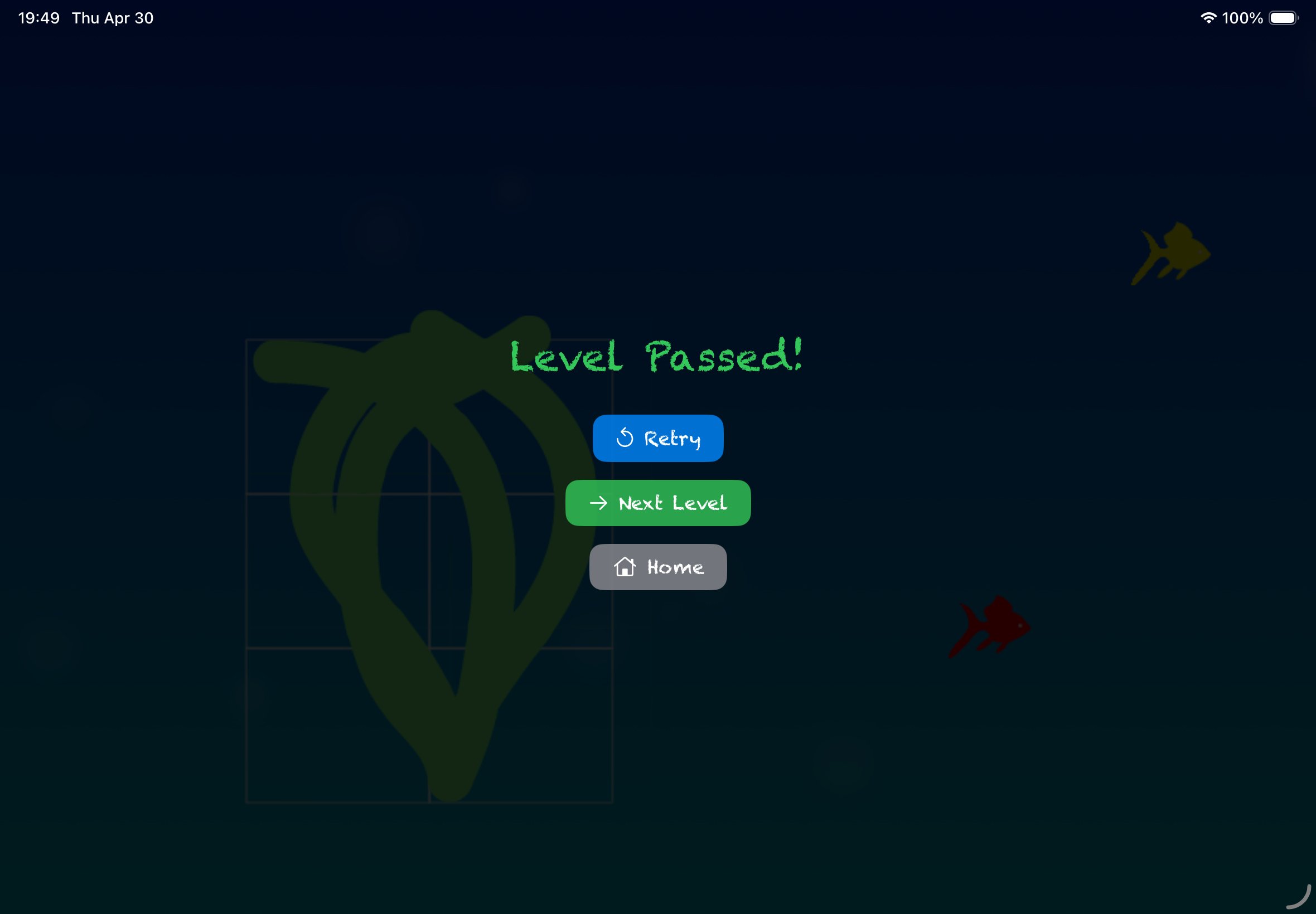Level complete screen with stars and a Next button