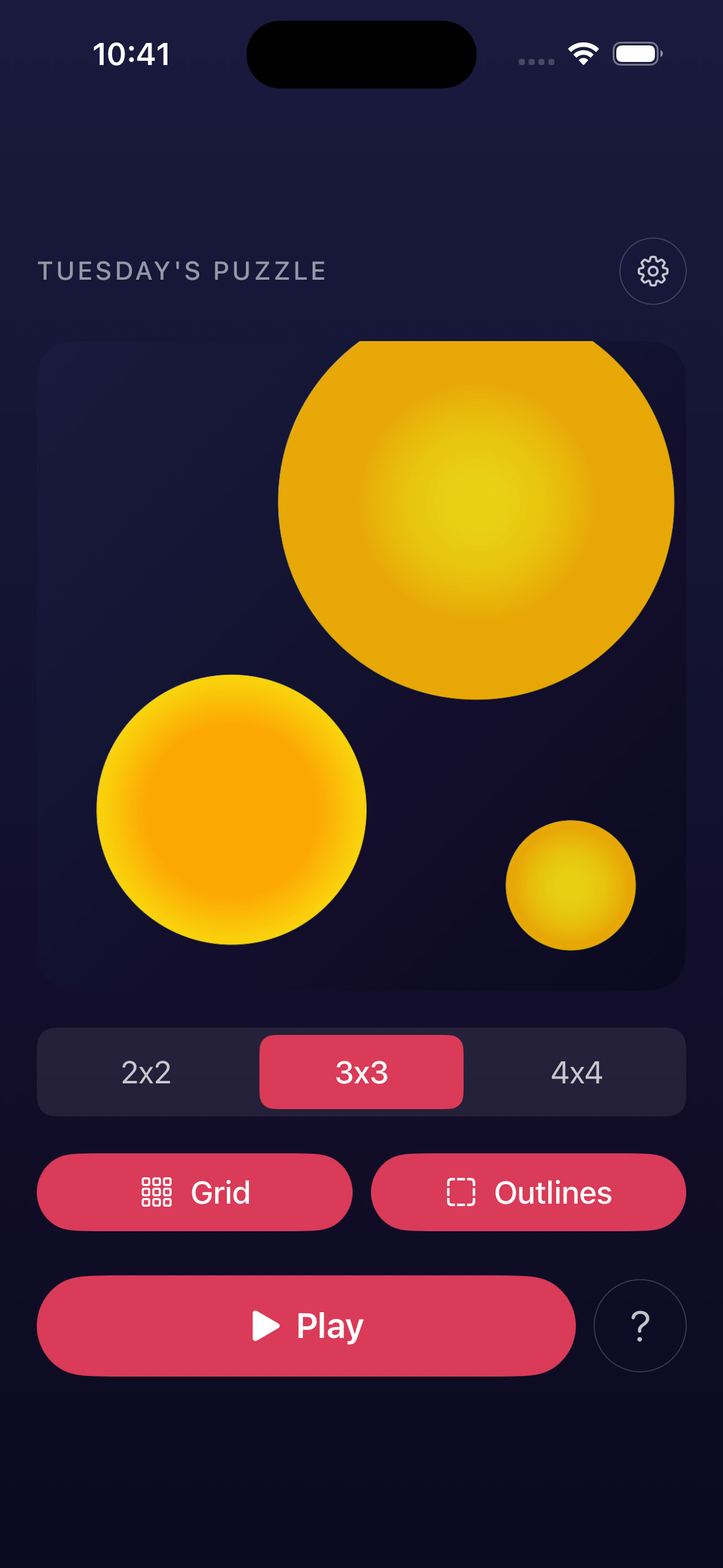 Main menu showing today's puzzle thumbnail, difficulty selector, and a Play button