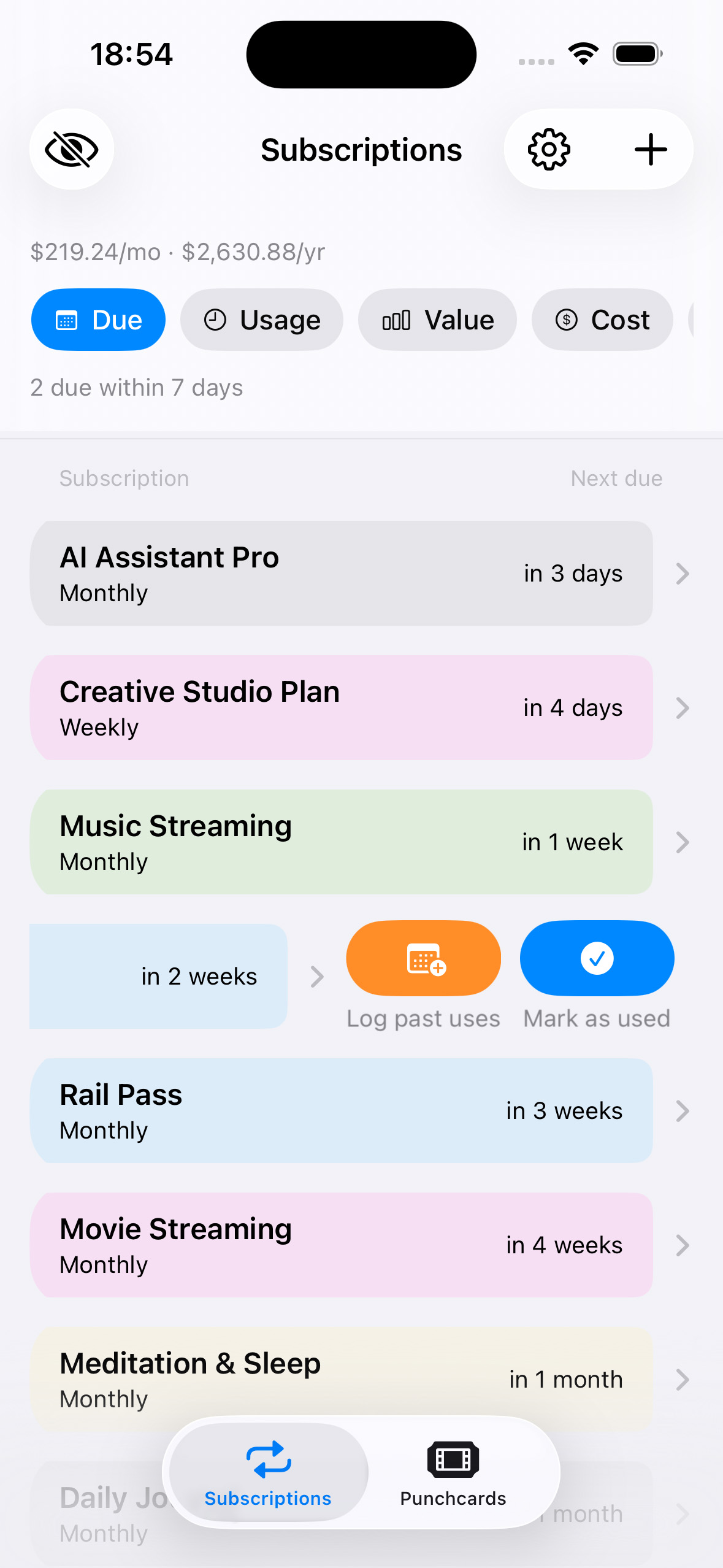 Subscriptions list with the swipe-to-log gesture revealed