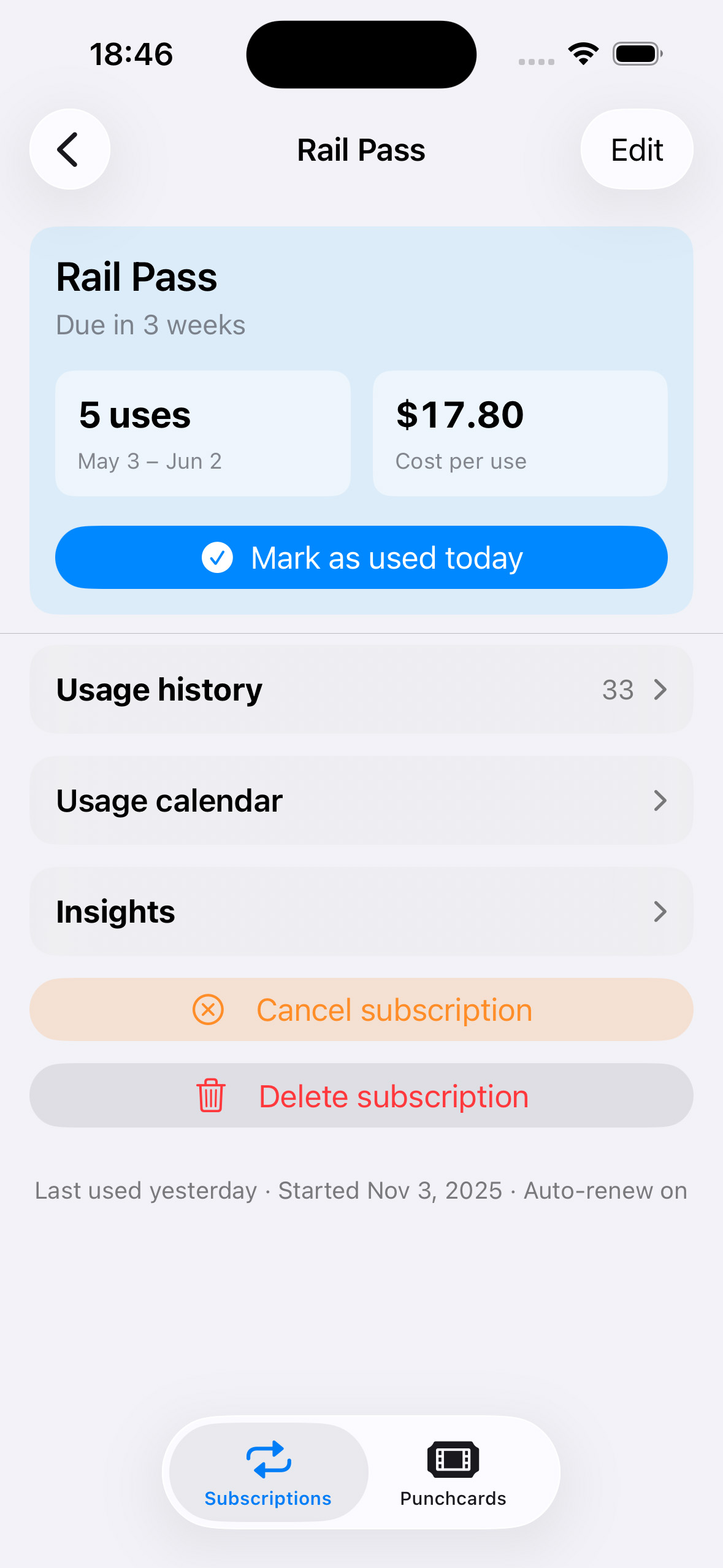 Subscription detail showing 5 uses, CHF 17.80 cost per use, and a usage calendar