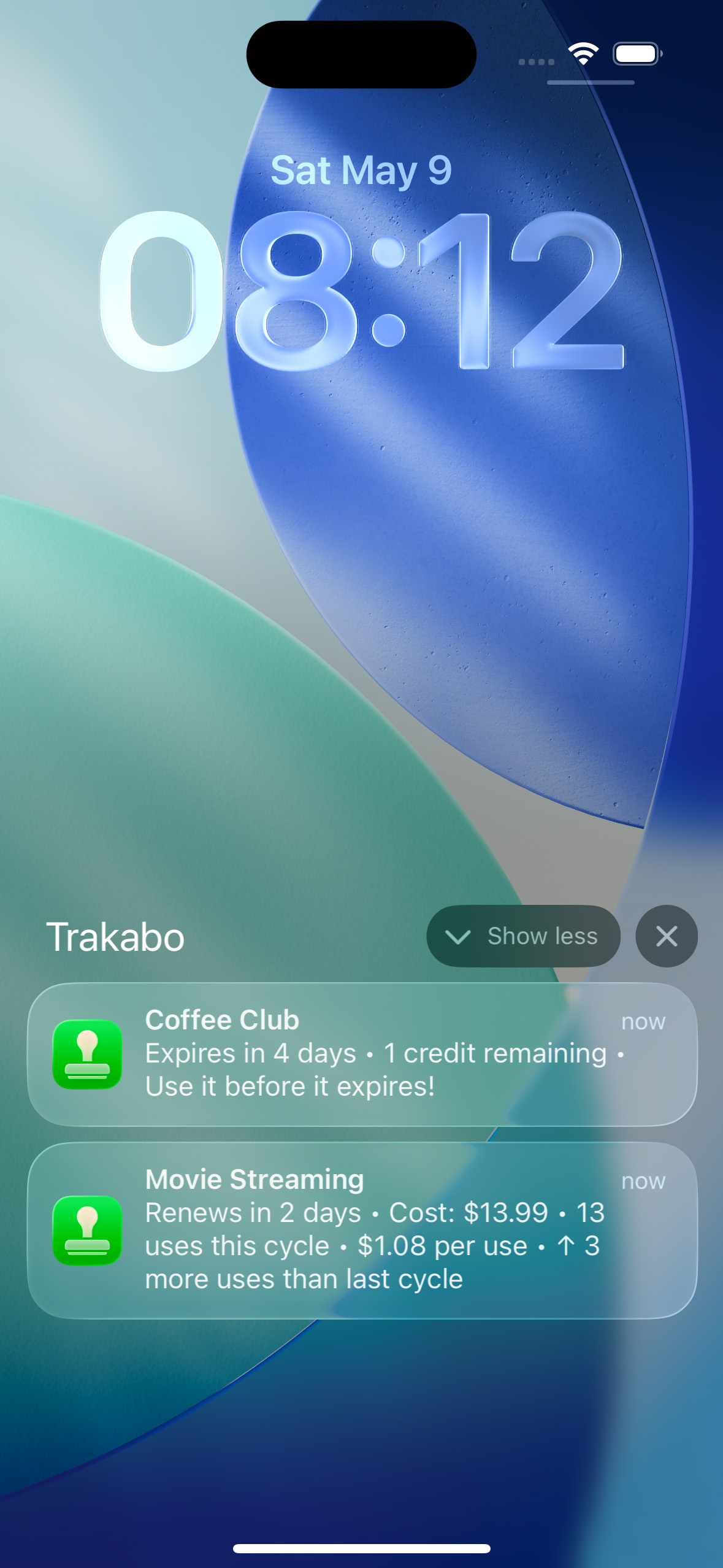 Lock-screen renewal notification with cost and usage summary